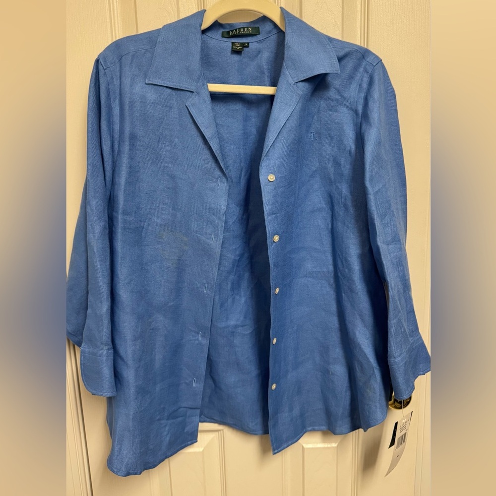 Lauren Ralph Lauren Light Blue Linen Casual Button-Down Shirt
